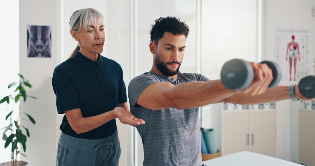 Physiotherapist, woman or man with dumbbells for sports recovery, muscle exercise or body health. M